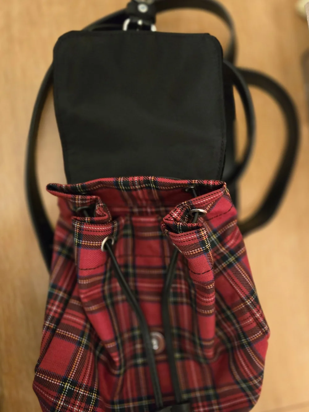 Vintage GAP Red Tartan Drawstring Bucket Bag with Black Accents